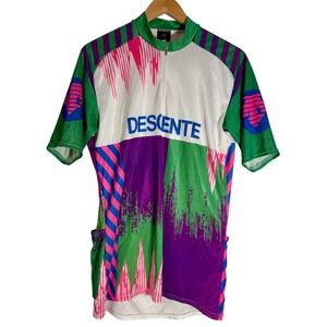 Vintage Descente Men's 80's Cycling Jersey Japan Neon Half Zip White Abstract XL